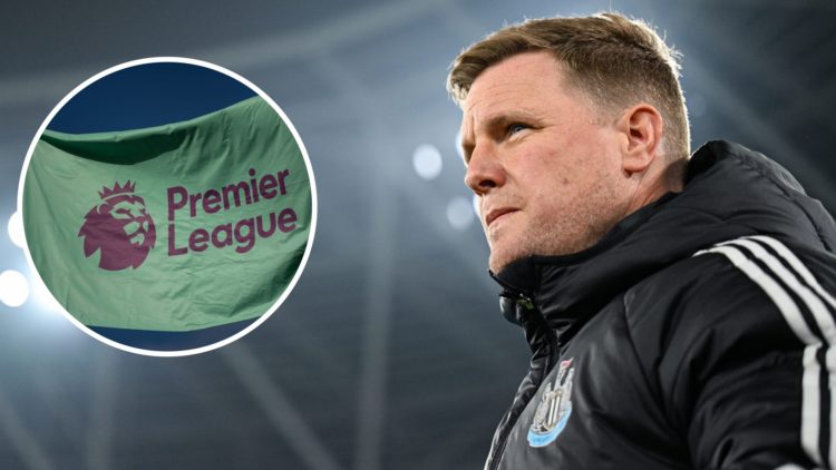 Inset, the Premier League logo on a flag. Eddie Howe looks on before a Newcastle United game.
