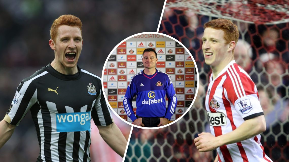 Split image: Jack Colback celebrates a goal for Newcastle United (L). Colback celebrates scoring for Sunderland (R). Inset: Steve Harper wears a Su...