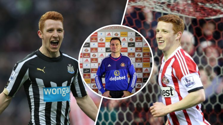 Split image: Jack Colback celebrates a goal for Newcastle United (L). Colback celebrates scoring for Sunderland (R). Inset: Steve Harper wears a Su...