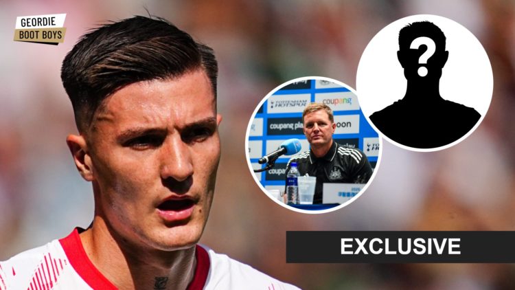 Benjamin Sesko playing for RB Leipzig, Newcastle United manager Eddie Howe speaking to the media, mystery player