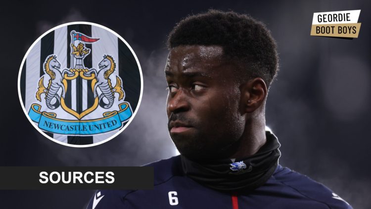 Marc Guehi warming up for Crystal Palace, Newcastle United badge