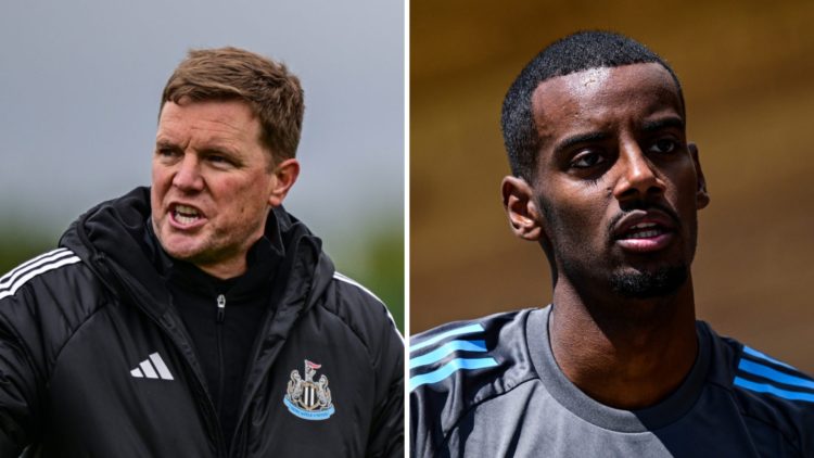 Eddie Howe talking during a Newcastle United training session. Alexander Isak in Newcastle United pre-season training.