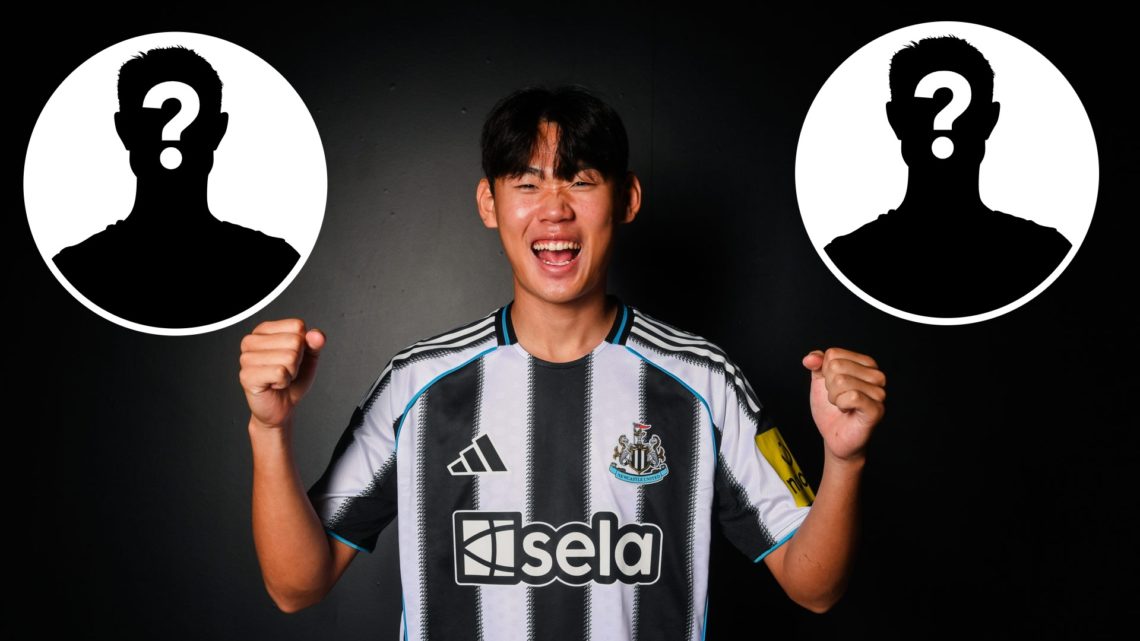 Park Seung-soo pumps his fists at his Newcastle United unveiling. Insets, mystery person graphics.
