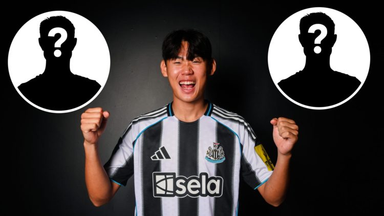 Park Seung-soo pumps his fists at his Newcastle United unveiling. Insets, mystery person graphics.