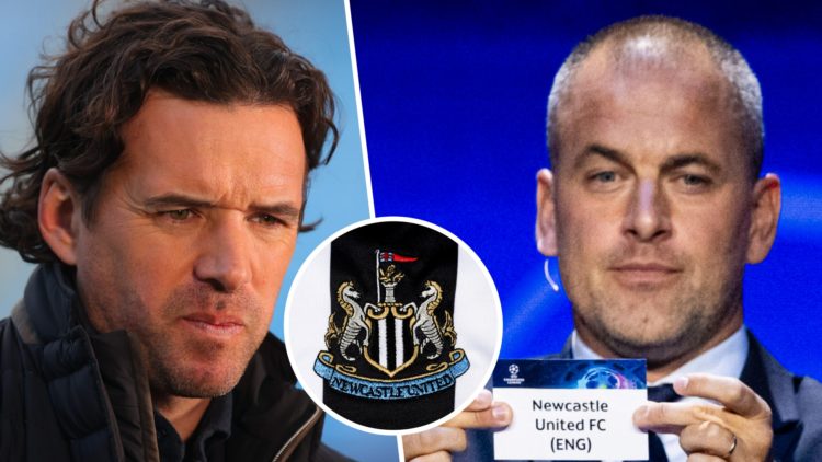 Split image: Close up image of Owen Hargreaves (L). Joe Cole holds a card that says Newcastle United at a Champions League draw. Inset: Newcastle U...