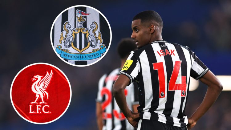 Inset 1, Newcastle United badge. Inset 2, Liverpool badge. Alexander Isak looks dejected while playing for Newcastle United.
