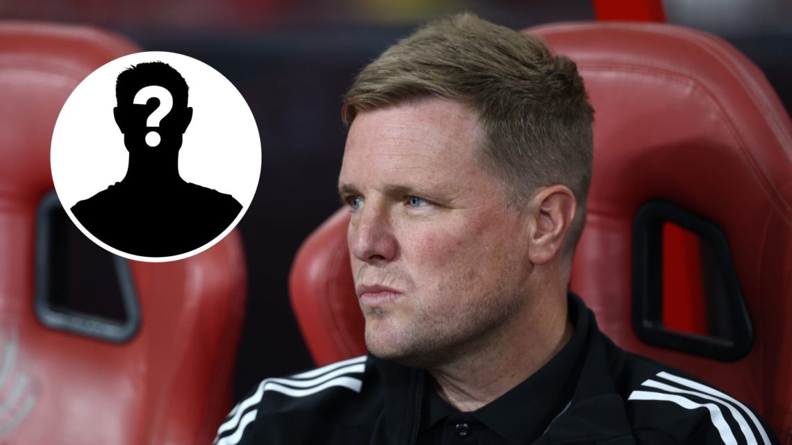 Inset, mystery person graphic. Eddie Howe looks on before Newcastle United play Arsenal in Singapore.
