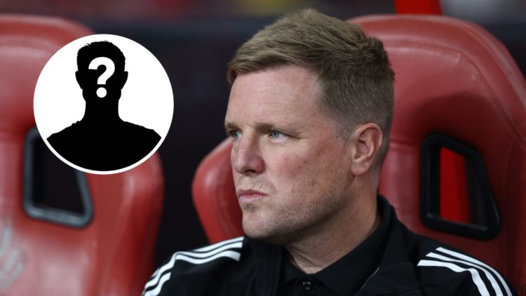 Inset, mystery person graphic. Eddie Howe looks on before Newcastle United play Arsenal in Singapore.