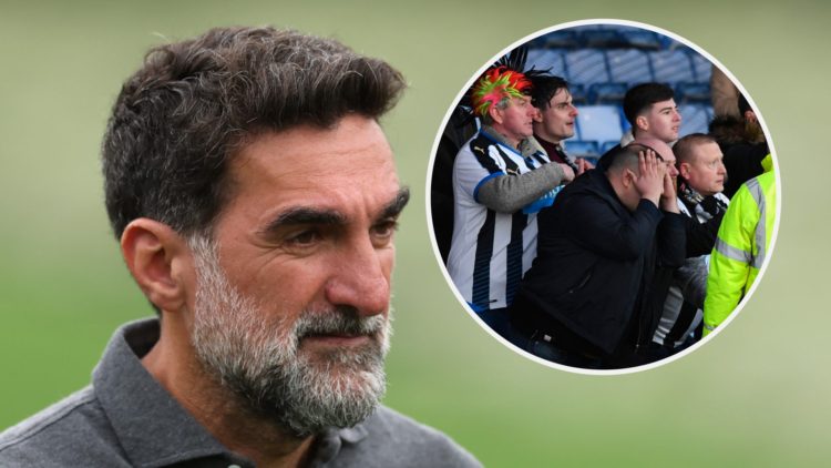 Close up image of Newcastle United chairman Yasir Al-Rumayyan. Inset: Frustrated Newcastle fans.