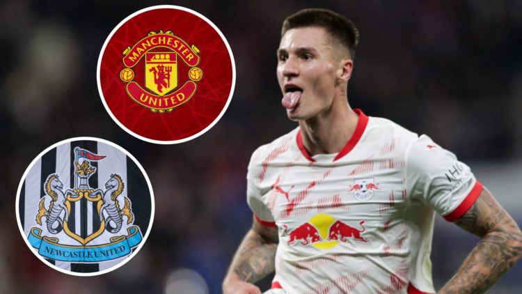 Inset, Manchester United badge. Inset 2, Newcastle United badge. Benjamin Sesko celebrates scoring for RB Leipzig.
