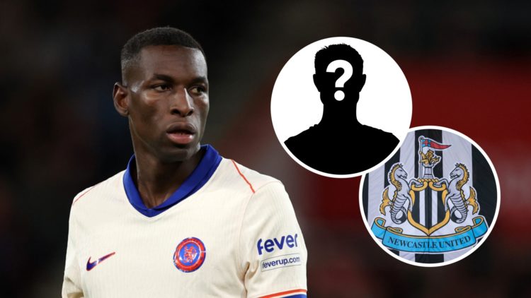 Nicolas Jackson playing for Chelsea, Newcastle United badge, mystery player
