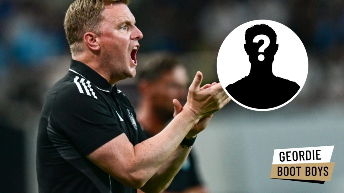Eddie Howe claps his hands during a pre-season friendly between Newcastle United and Tottenham. Inset: a mystery player and the Geordie Boot Boys logo