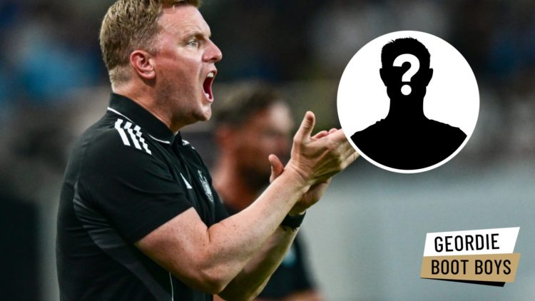 Eddie Howe claps his hands during a pre-season friendly between Newcastle United and Tottenham. Inset: a mystery player and the Geordie Boot Boys logo