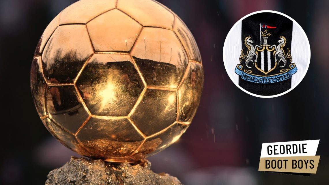 A close-up shot of the Ballon d'Or ahead of the 2024 ceremony. Inset: the Newcastle United badge on a shirt