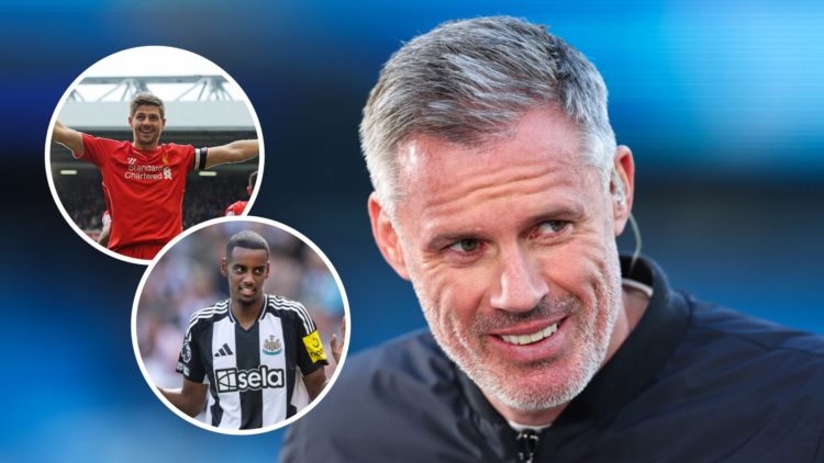 Jamie Carragher doing punditry, Alexander Isak playing for Newcastle United, Steven Gerrard celebrates a Liverpool goal