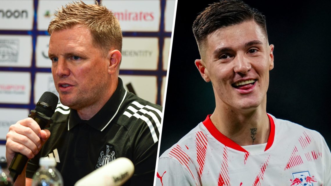 Eddie Howe speaks during a pre-season press conference at Newcastle United. Benjamin Sesko playing for RB Leipzig.