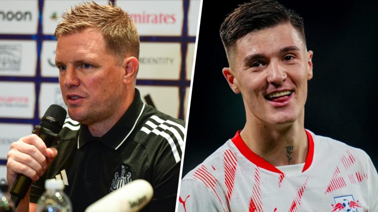 Eddie Howe speaks during a pre-season press conference at Newcastle United. Benjamin Sesko playing for RB Leipzig.