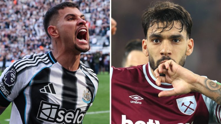 Bruno Guimaraes celebrates after Newcastle United qualify for the Champions League. Lucas Paqueta celebrates scoring for West Ham.