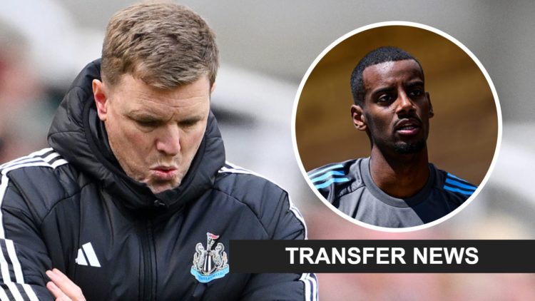 Eddie Howe reacts during a Newcastle United game. Inset, Alexander Isak in pre-season training for Newcastle United.