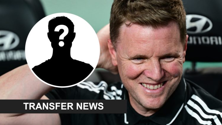 Eddie Howe smiles while scratching his head. Insets: Mystery figure and transfer news banner.