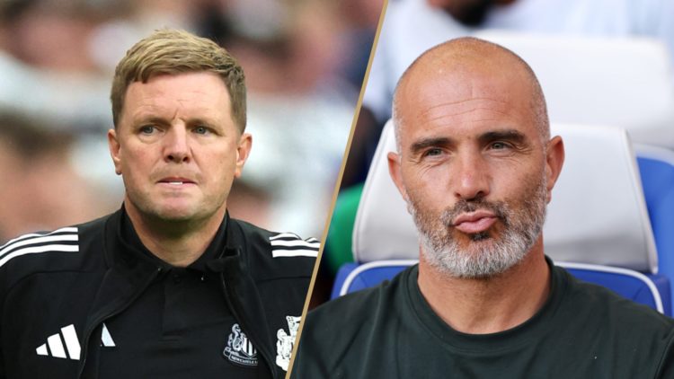 Split image: Eddie Howe looks frustrated (L). Enzo Maresca close up image (R).