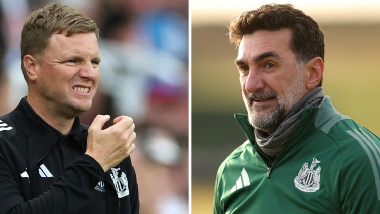 Eddie Howe reacts during Newcastle United's game against Espanyol. Newcastle United chairman Yasir Al-Rumayyan at a golf event.