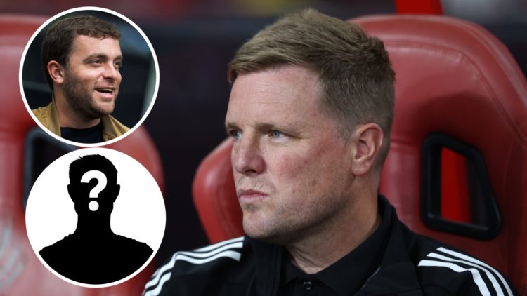 Inset, Fabrizio Romano speaking at an event. Inset 2, mystery person graphic. Eddie Howe looks on during Newcastle United's pre-season friendly aga...