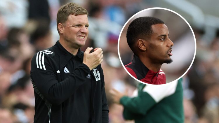 Eddie Howe grimaces during a friendly between Newcastle United and RCD Espanyol. Inset: Newcastle United player Alexander Isak