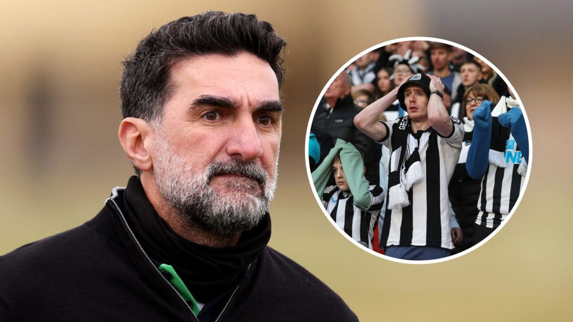 Close up image of Newcastle United chairman Yasir Al-Rumayyan. Inset: A fan holds his hands to his head.