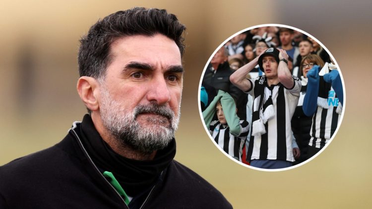 Close up image of Newcastle United chairman Yasir Al-Rumayyan. Inset: A fan holds his hands to his head.