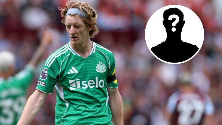 Anthony Gordon reacts during Newcastle United vs Aston Villa. Inset, mystery person graphic.
