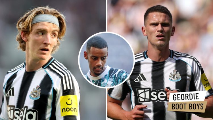 Anthony Gordon playing for Newcastle United. Sven Botman playing for Newcastle United. Inset, Alexander Isak warming up for Newcastle.