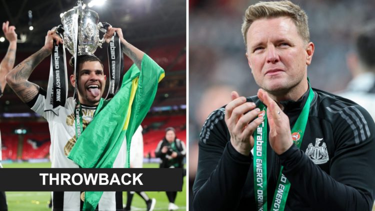 Burno Guimaraes lifts the Carabao Cup trophy. Eddie Howe claps after Newcastle United win the Carabao Cup.