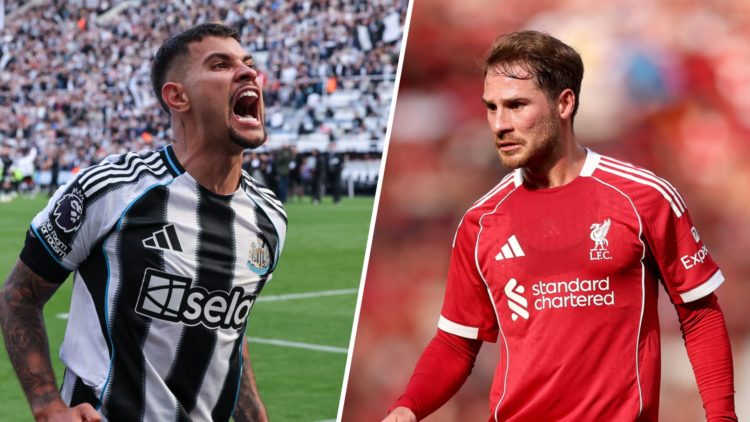 Bruno Guimaraes after Newcastle United qualify for the Champions League. Alexis Mac Allister playing for Liverpool.