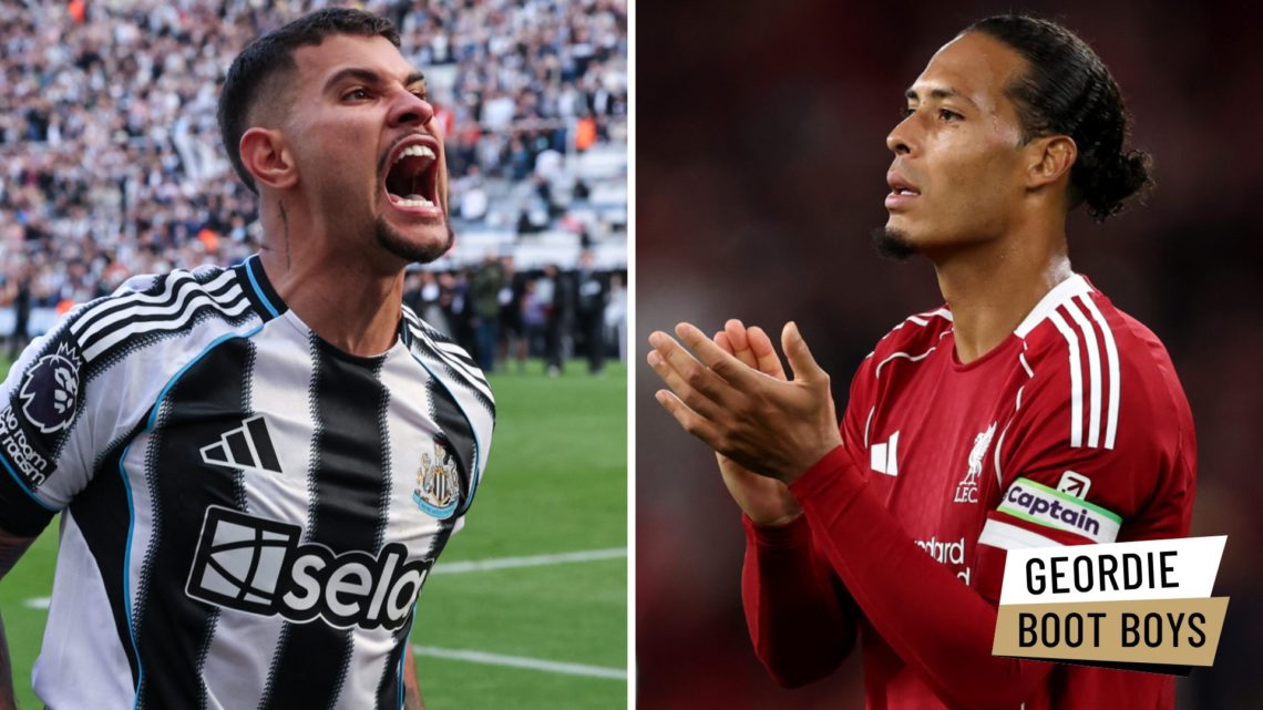 Bruno Guimaraes celebrates after Newcastle United qualify for the Champions League. Liverpool captain Virgil van Dijk claps towards supporters.