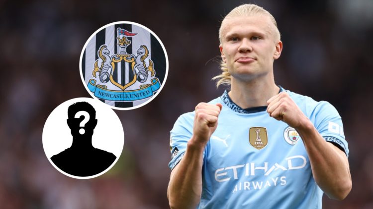 Erling Haaland celebrating after scoring for Manchester City against Fulham. Inset: the Newcastle United badge and a mystery player