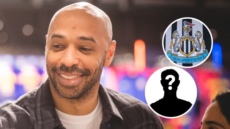 Thierry Henry poses for a selfie with a fan in Barcelona. Inset: the Newcastle United badge on a flag and a mystery player