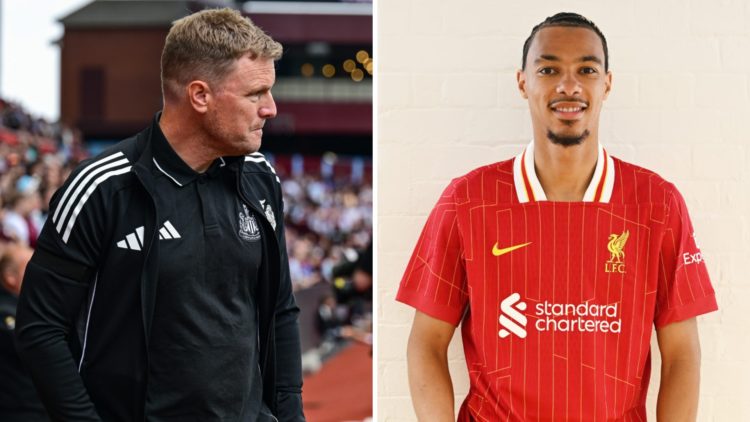 Eddie Howe looks on during the Premier League match between Aston Villa and Newcastle United. Liverpool unveil Hugo Ekitike after signing him from ...