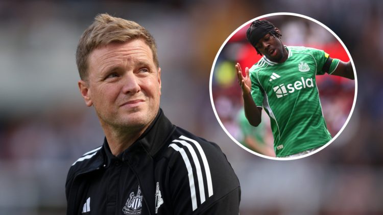 Eddie Howe looks on during a Newcastle United pre-seaon game. Anthony Elanga reacts while playing for Newcastle United against Aston Villa.
