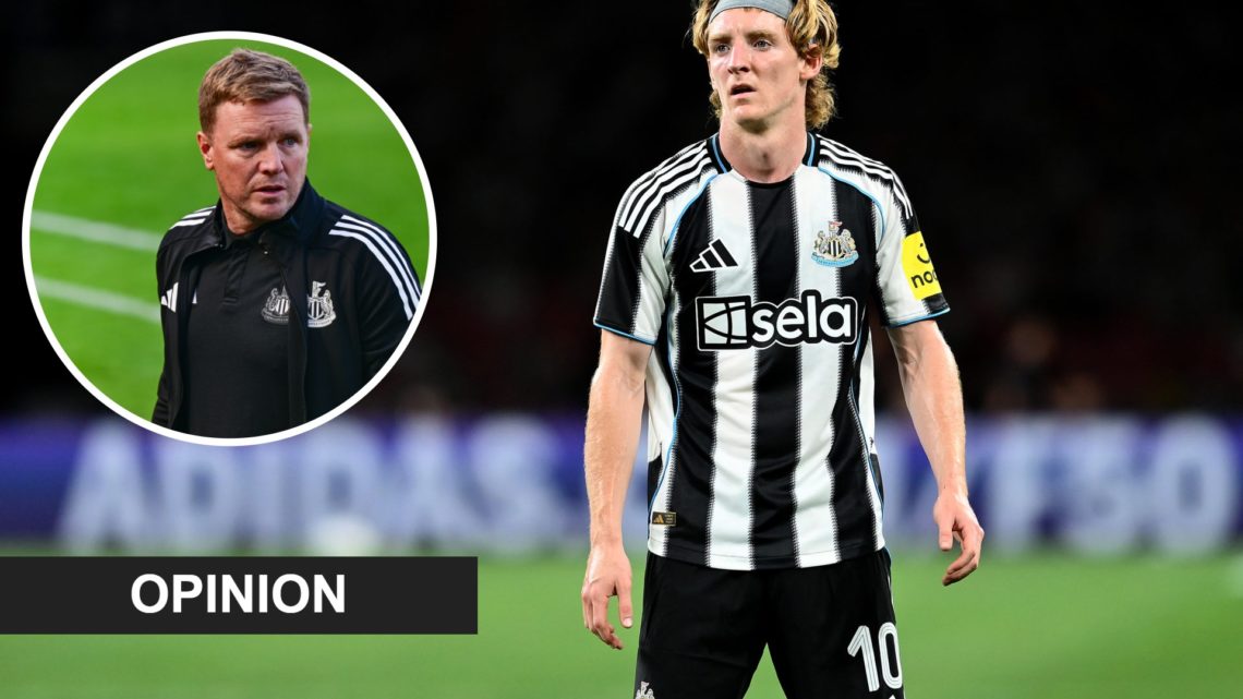 Inset, Eddie Howe. Anthony Gordon playing for Newcastle United.