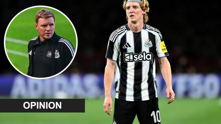 Inset, Eddie Howe. Anthony Gordon playing for Newcastle United.