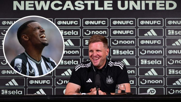 Inset, Alexander Isak looks dejected. Eddie Howe speaks to the media during a Newcastle United press conference.