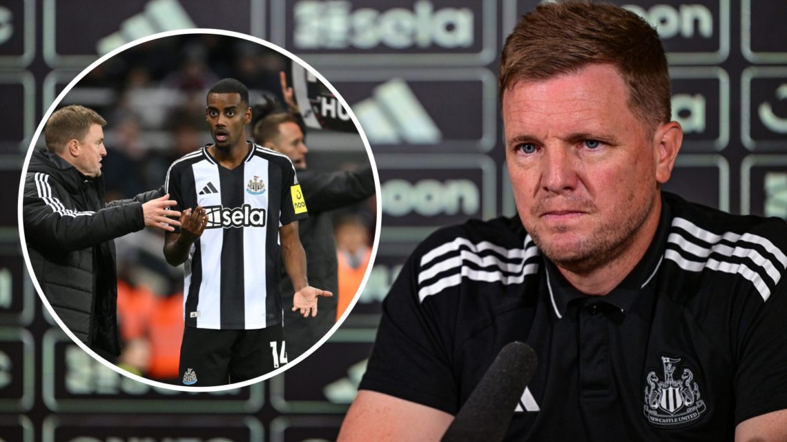 Inset, Eddie Howe talks to Alexander Isak. Eddie Howe talking to the media during a Newcastle United press conference.