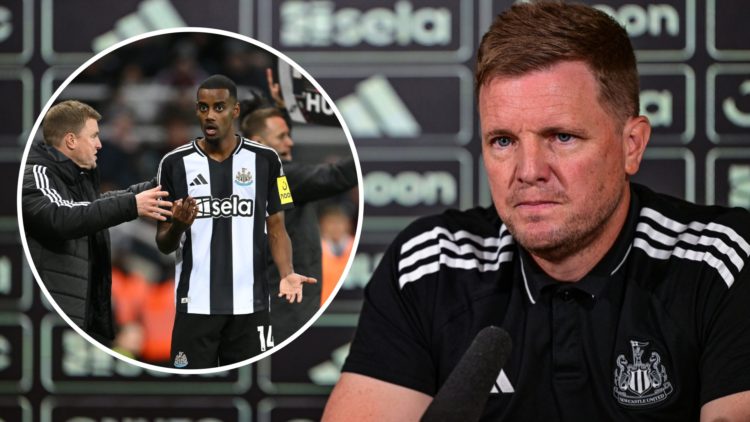Inset, Eddie Howe talks to Alexander Isak. Eddie Howe talking to the media during a Newcastle United press conference.