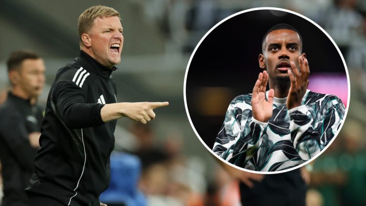 Eddie Howe on the touchline during Newcastle United vs Liverpool. Alexander Isak applauds the Newcastle United fans.