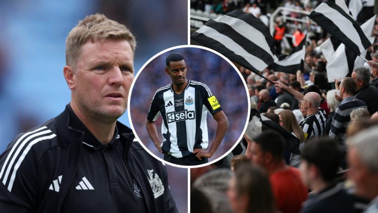 Eddie Howe leaves the pitch after Newcastle United draw with Aston Villa. Newcastle fans celebrate inside St James' Park. Inset, Alexander Isak pla...