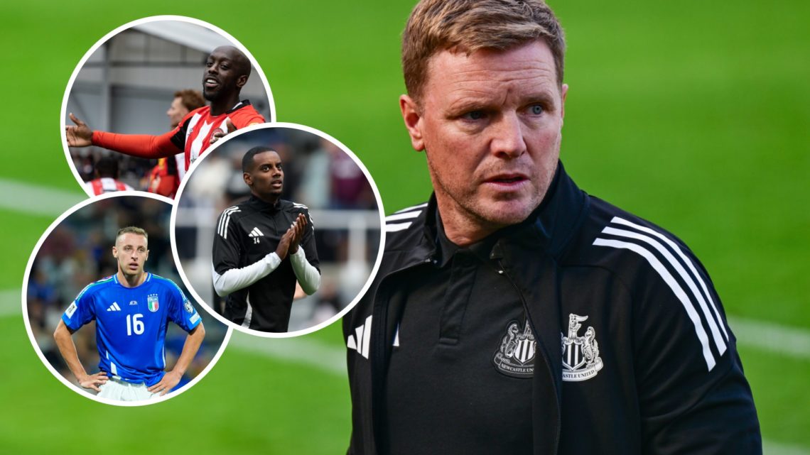 Eddie Howe looks on. Insets: Yoane Wissa, Alexander Isak and Davide Frattesi.