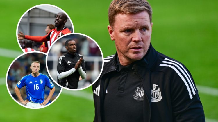 Eddie Howe looks on. Insets: Yoane Wissa, Alexander Isak and Davide Frattesi.