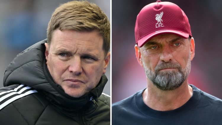 Eddie Howe looks on before a Newcastle United game. Former Liverpool manager Jurgen Klopp looks on.