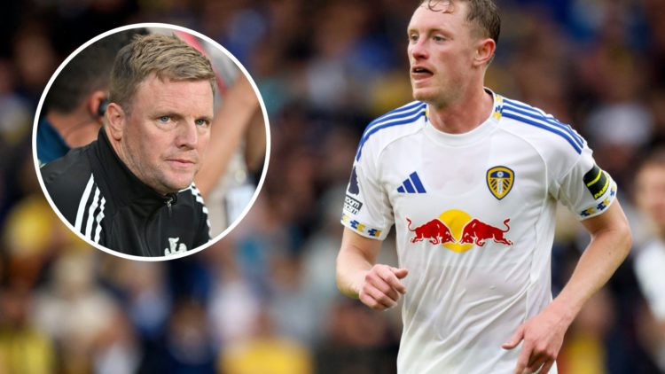 Inset, Newcastle United manager Eddie Howe. Sean Longstaff playing for Leeds United.